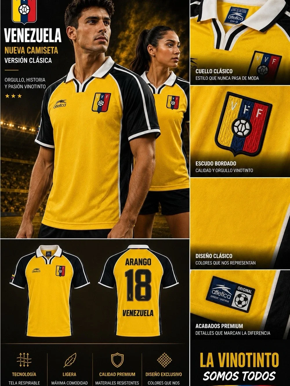 adidas Women's Venezuela Yellow and Black Soccer Jersey - Picture 1 of 1